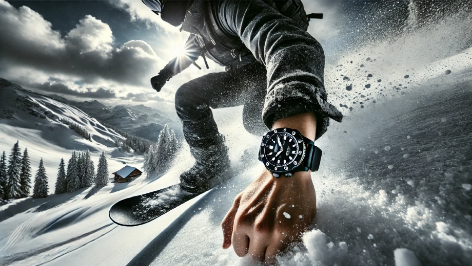 فعالیت ورزشی در هوای سرد
یک اسکی‌باز یا اسنوبردر که ساعت ضدآب به دست دارد، در حال حرکت بر روی دامنه‌های برفی است. جزئیات ساعت به وضوح نمایش داده می‌شود.